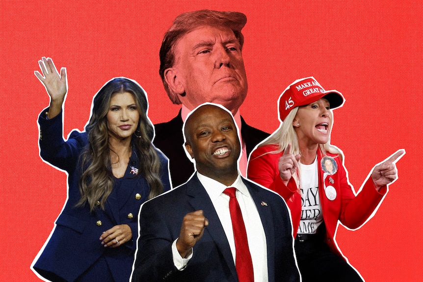 Graphic image with Donald Trump appearing above images of Tim Scott, Kristi Noem and Marjorie Taylor Greene.