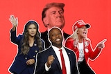 Graphic image with Donald Trump appearing above images of Tim Scott, Kristi Noem and Marjorie Taylor Greene.