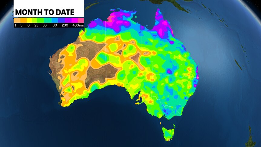 map of Australia with colourful markers showing rainfall for the month to date