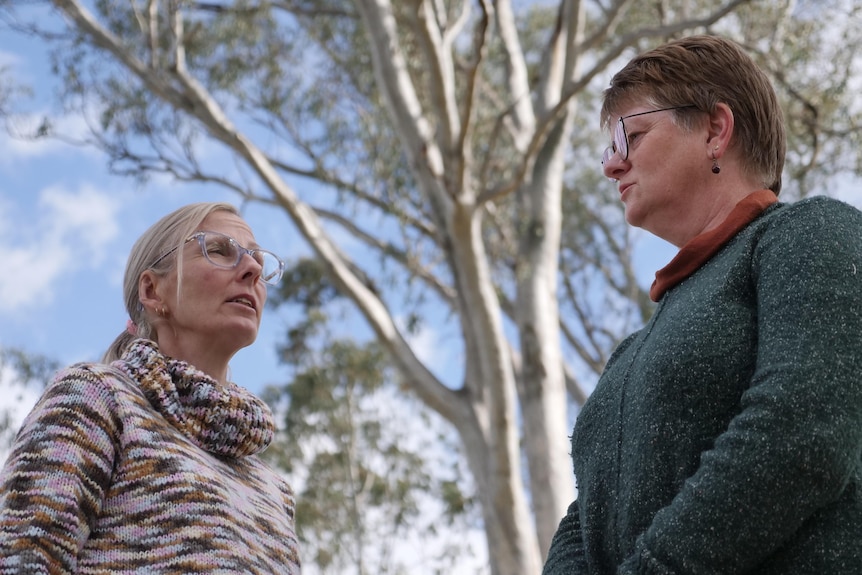 Two women talk with a gum tree in the background