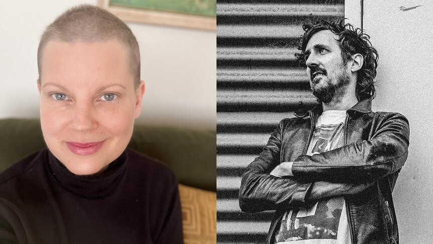 fiona kitschin with a bald head, smiling at camera and black and white photo of gareth liddiard with arms crossed