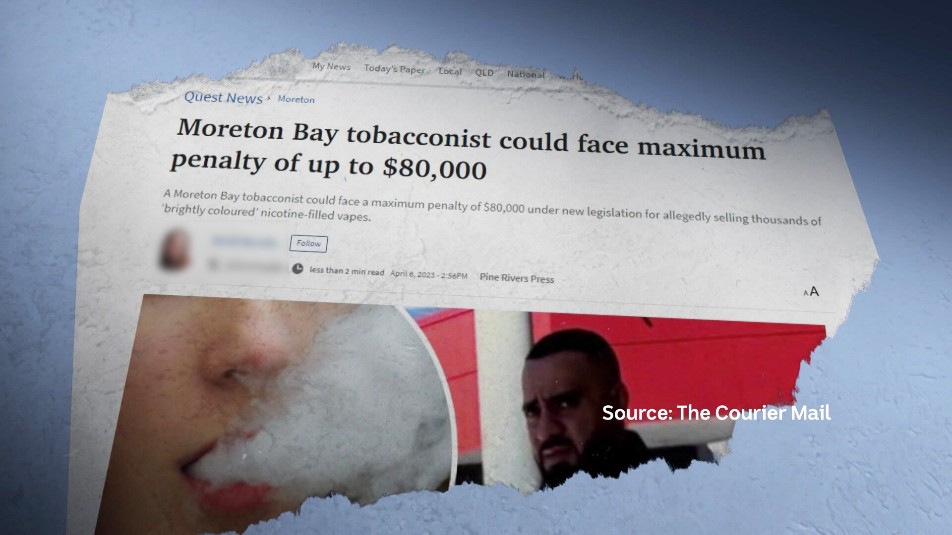 A newspaper clipping showing Moreton Bay tobacconist could face maximum penalty of up to $80,000