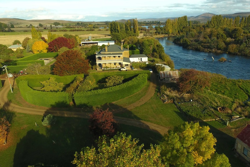 An aerial view of Lawrenny Estate and the Derwent River in Tasmania