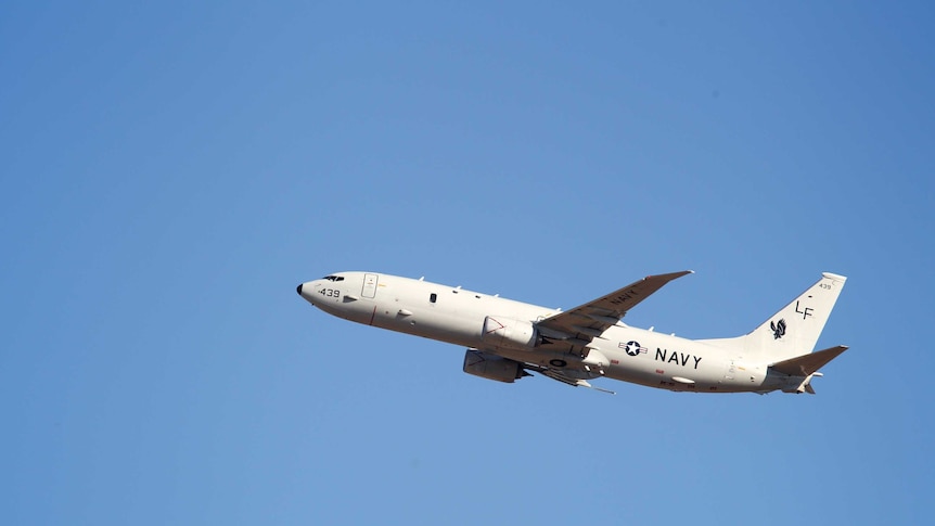 A United States Navy Boeing P-8 Poseidon takes off from Perth International airport