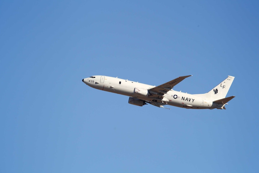 A United States Navy Boeing P-8 Poseidon takes off from Perth International airport