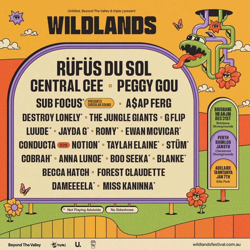 Yellow, orange and green poster with small cartoons listing the Wildlands festival line up