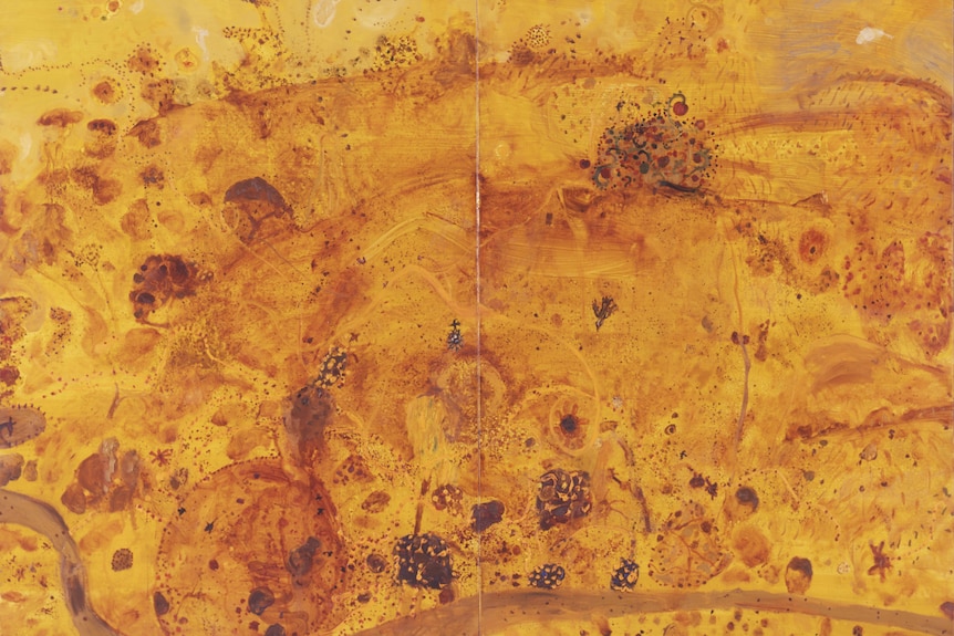 An abstract artwork by John Olsen with shades of orange and brown