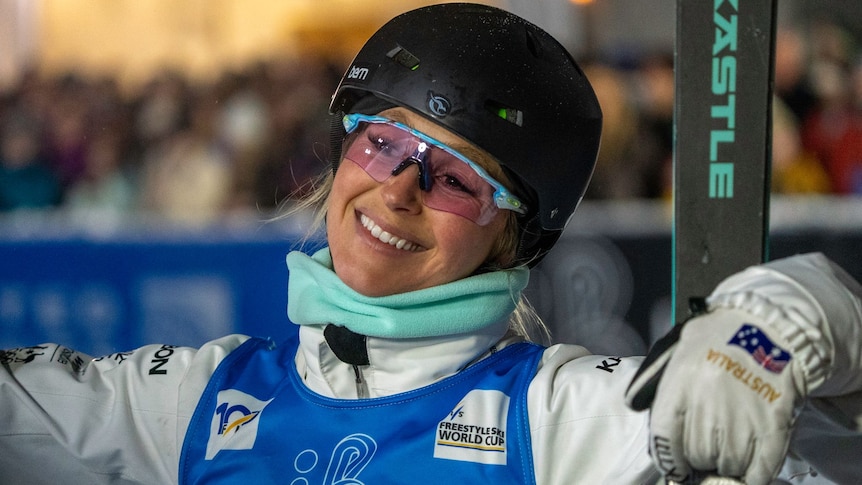 Danielle Scott react after winning silver at the World Cup aerial skiing event in Deer Valley.