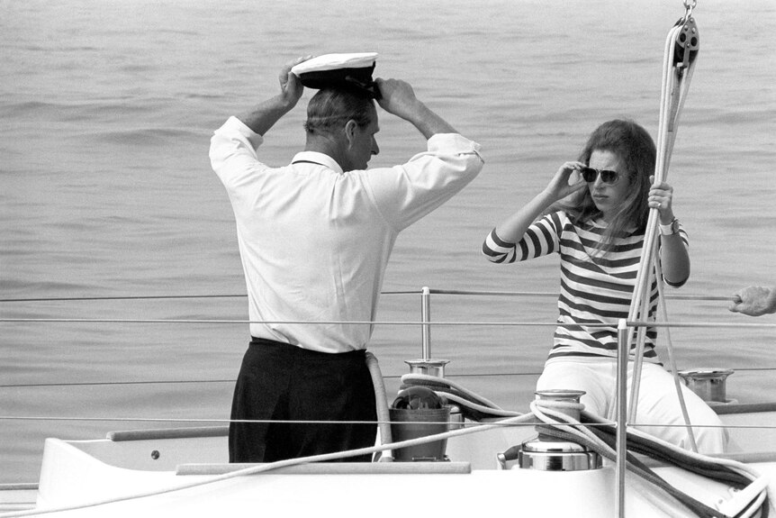 The Princess Royal with the late Duke of Edinburgh at Cowes Week in 1970.