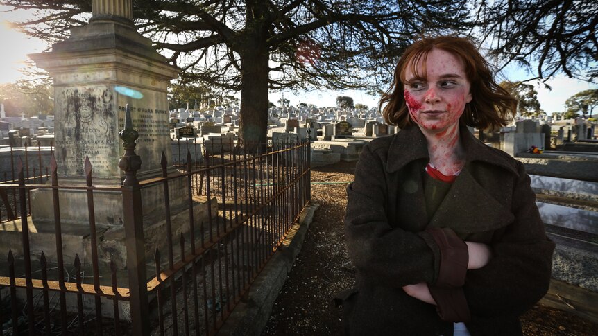 Bendigo student 13-year-old Jessica Kennedy dressed up for Halloween at the cemetery.