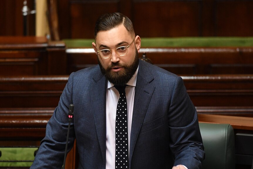 Dustin Halse, dressed in a suit and tie, speaks in the green-coloured Legislative Assembly chamber.