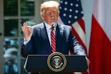 US President Donald Trump speaks during a news conference in the White House Rose Garden.