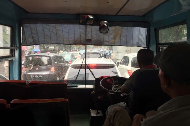 Inside a private Mini Metro bus in Jakarta