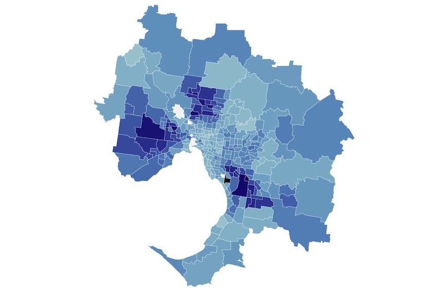 A map of Victoria showing the percentage of residents overqualified for their jobs by suburb.