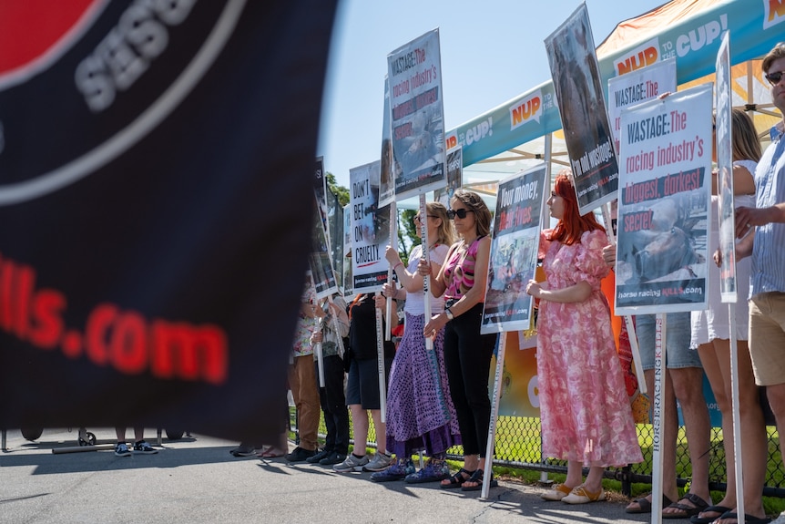 A group of people hold up signs opposing horseracing industry.