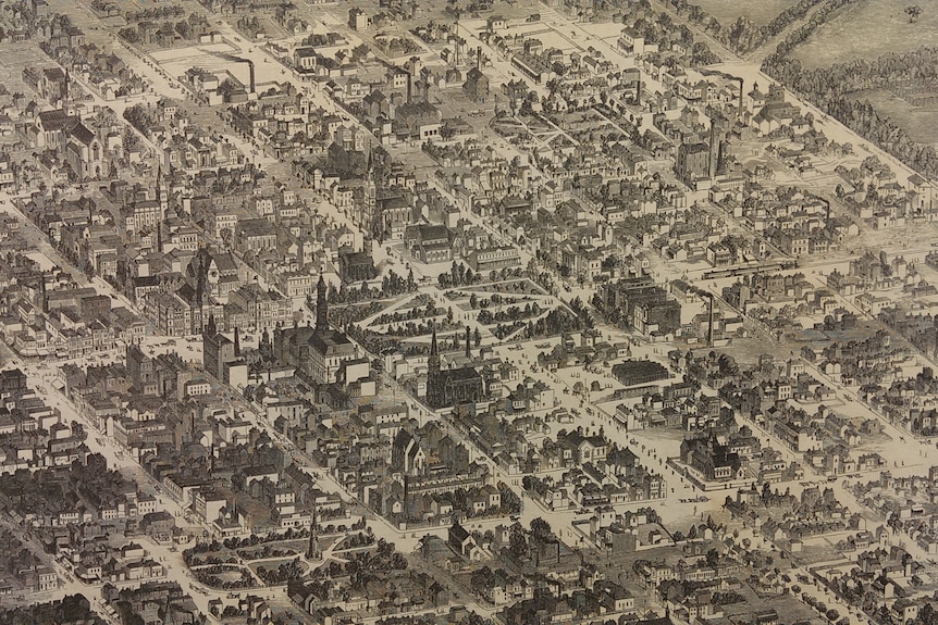 An aerial view of Adelaide showing houses, roads and churches in 1876.