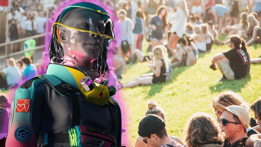 A photoshop of Preduction.Club's Micrashell sci-fi suit prototype imposed on to a crowd shot of Splendour In The Grass