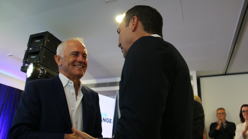 Prime Minister Malcom Turnbull shakes hands with SA Liberal leader Steven Marshall.