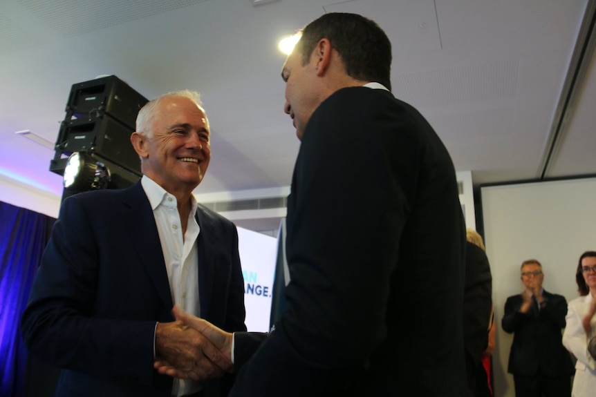 Prime Minister Malcom Turnbull shakes hands with SA Liberal leader Steven Marshall.