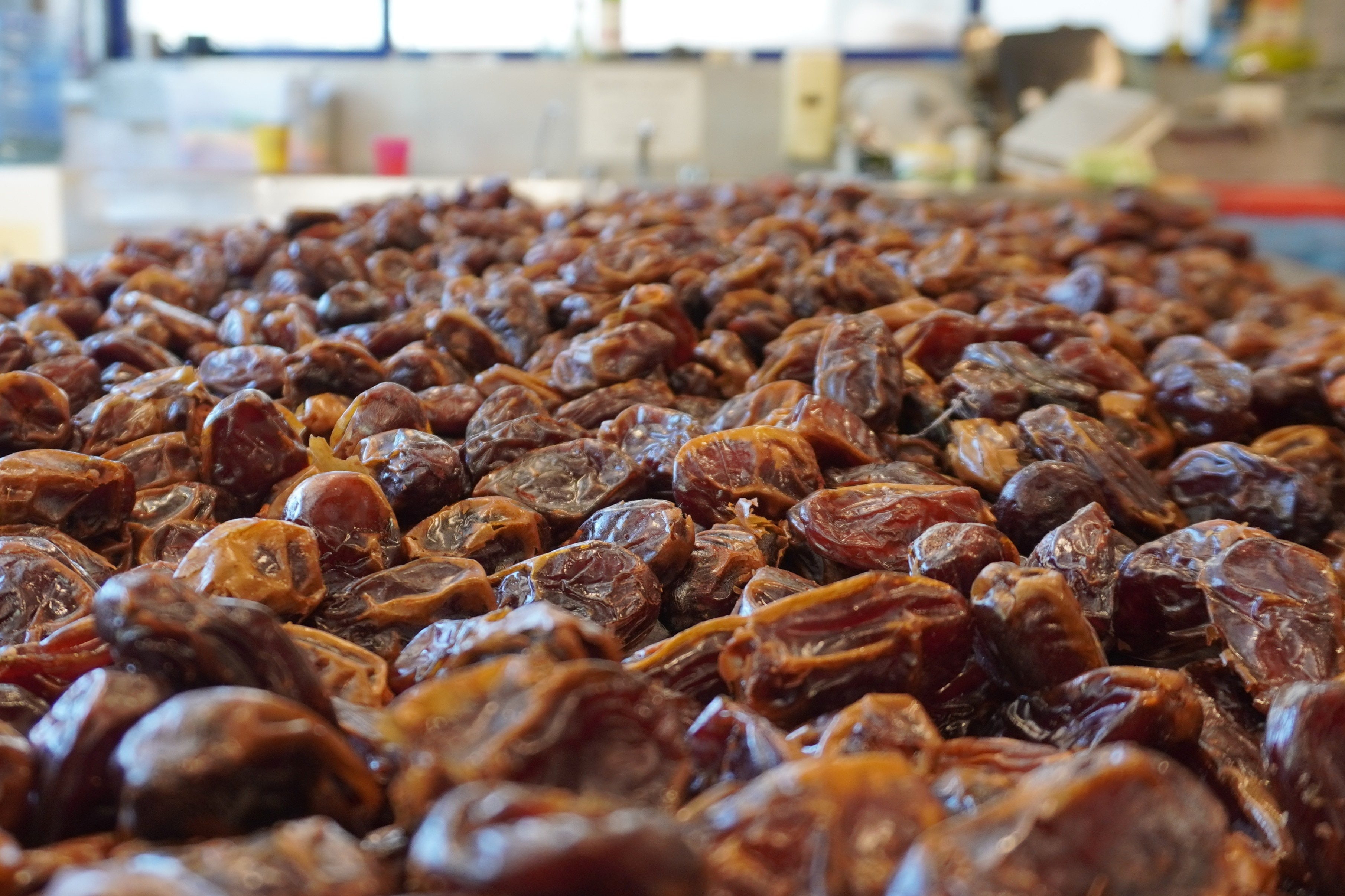 A close up on a table full of dates.