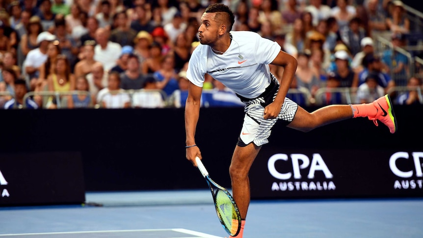 Nick Kyrgios of Australia in serve against Gastao Elias of Portugal during the Round 1 of the Mens Singles at the Australian Open, in Melbourne, Australia Monday