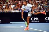 Nick Kyrgios of Australia in serve against Gastao Elias of Portugal during the Round 1 of the Mens Singles at the Australian Open, in Melbourne, Australia Monday