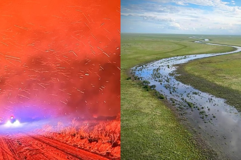 two images side by side: a red fiery scene with fire truck lights hidden by smoke, beside a river flowing through endless green
