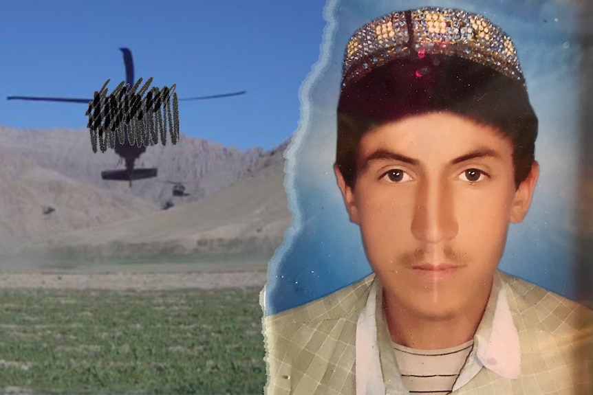 A 13-year-old boy's portrait and a Black Hawk helicopter.
