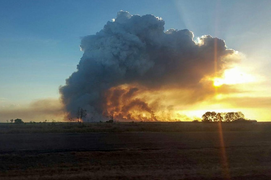 A grass fire sends a plume of smoke into the air, above which a thick white rain cloud has formed.