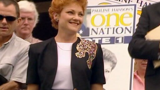 Pauline hanson speaks at a one nation rally in the late 90s