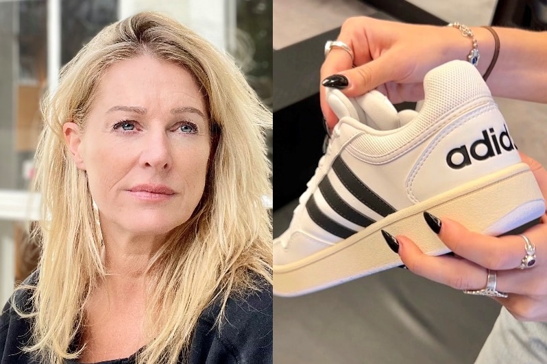 A composite of a woman with long blonde hair, and a young person holding an Adidas sneaker.