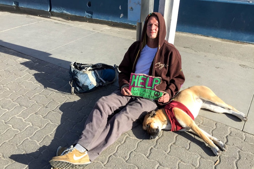Man sleeping rough and his dog hold a sign