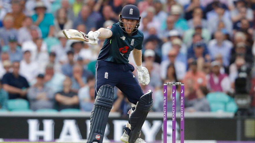 England captain Eoin Morgan gesturing with his cricket bat on a cricket pitch with the crowd behind him.