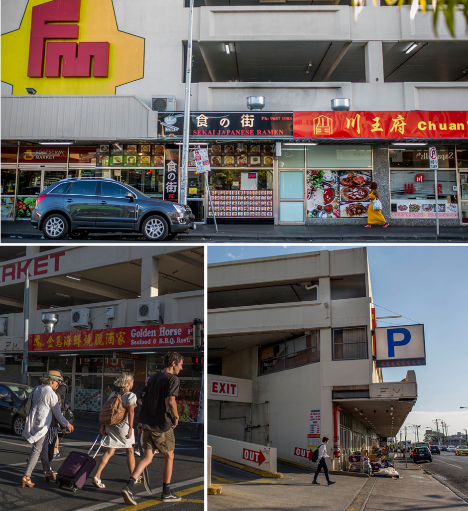 Three images of people walking around Footscray Market