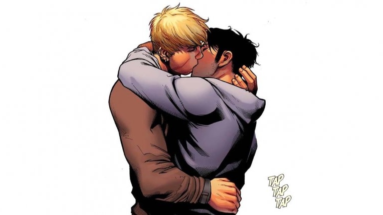 The characters Hulkling and Wiccan kiss in the comic book Avengers: The Children's Crusade.