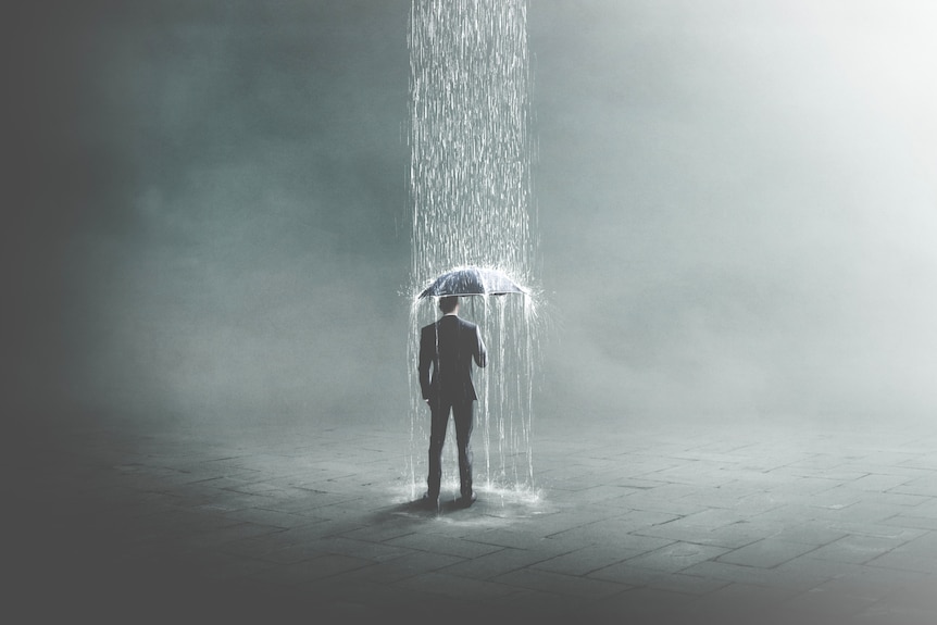 3D Illustration of unlucky business man under rain, surreal concept.