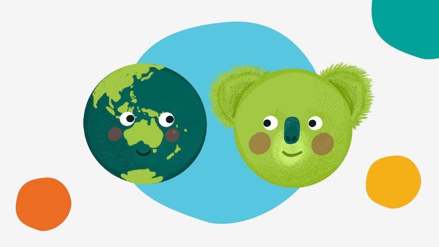 The Earth with eyes on it, next to a koala