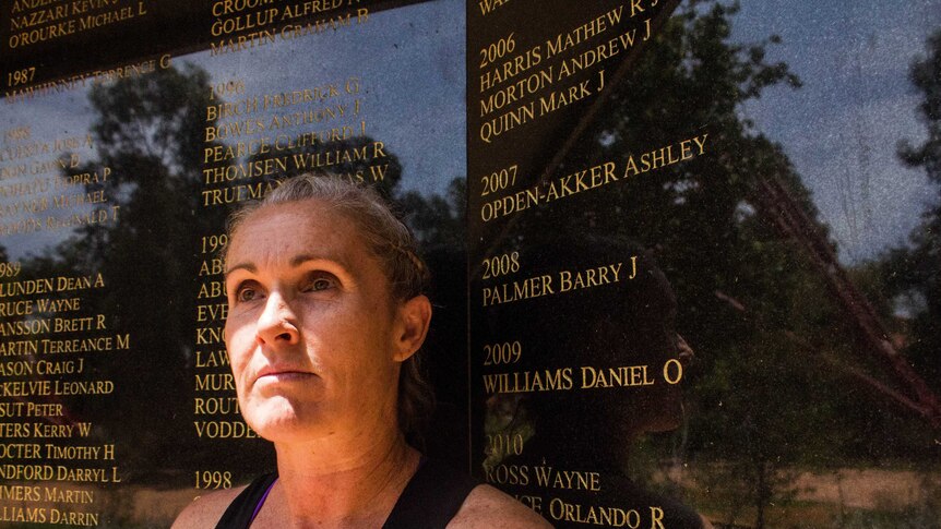 Leah Chapman stands in front of the Eastern Goldfields Miners Memorial in Kalgoorlie-Boulder, WA.