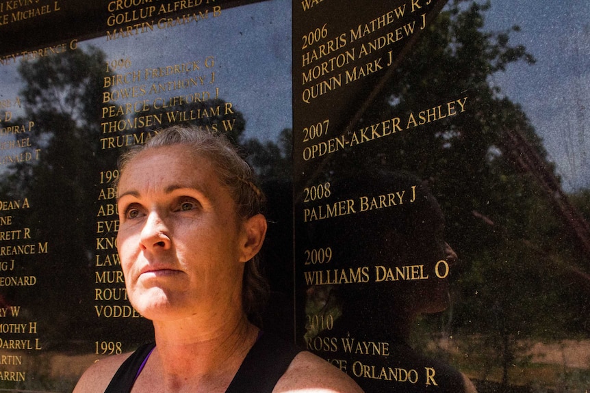 Leah Chapman stands in front of the Eastern Goldfields Miners Memorial in Kalgoorlie-Boulder, WA.