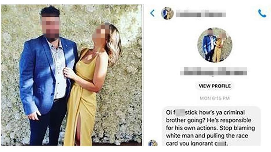 A screenshot of a Facebook message and alongside a profile photo of a man in a suit with a woman