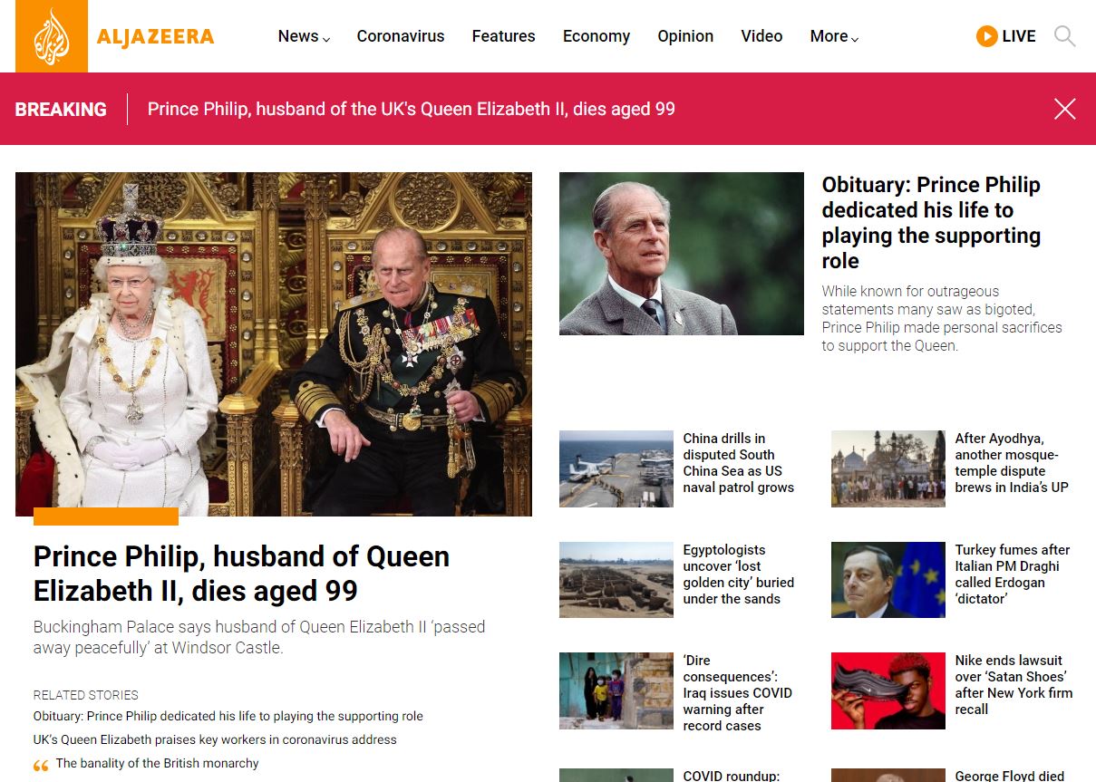 Aljazeera website after the death of Prince Philip.