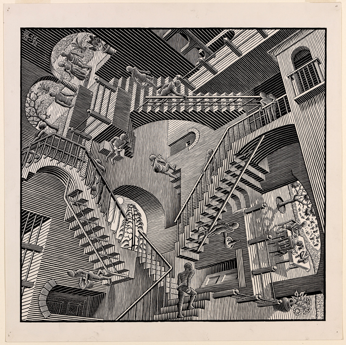 A black and white print, an art work displaying a maze of interlocking staircases rendered from a disorienting perspective.