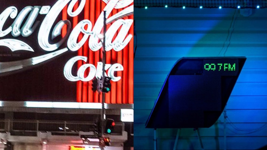 Close up of a neon coca cola sign alongside an image of part of the sign