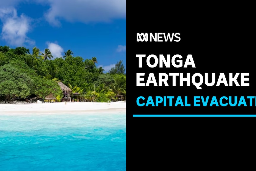 Tonga Tsunami, Capital Evacuated: Shot of Tongan island with blue water and blue skies. 