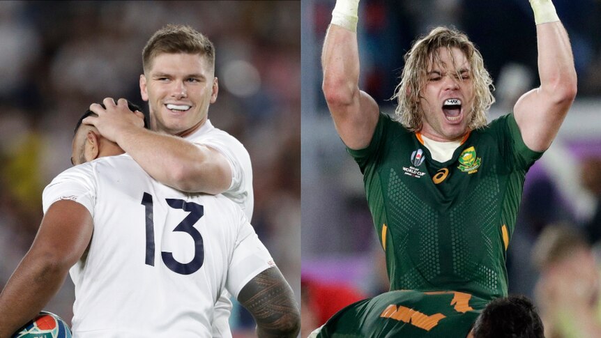 Composite picture of Owen Farrell hugging Manu Tuilagi and Faf de Klerk pumping his fists