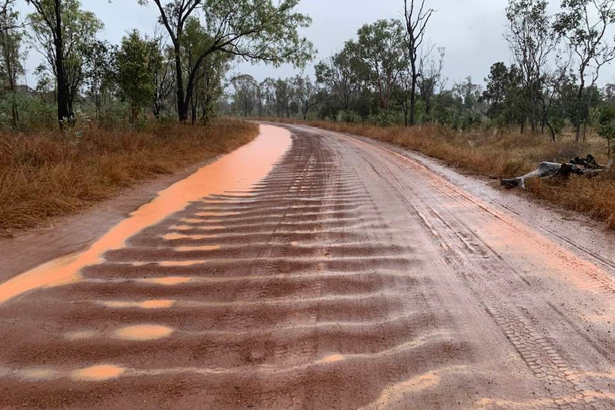 A red corrugated dirt road with red pools of water in regular lines