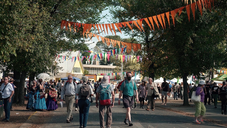 A busy festival with orange banners hung between trees.