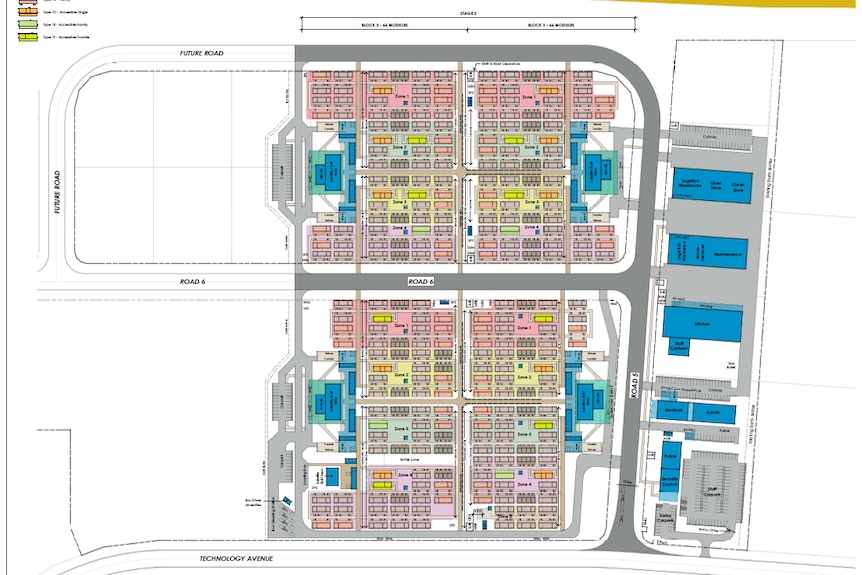 Coloured 2D plans of the future Wellcamp quarantine facility, showing rows of cabins, roads and logistics areas.
