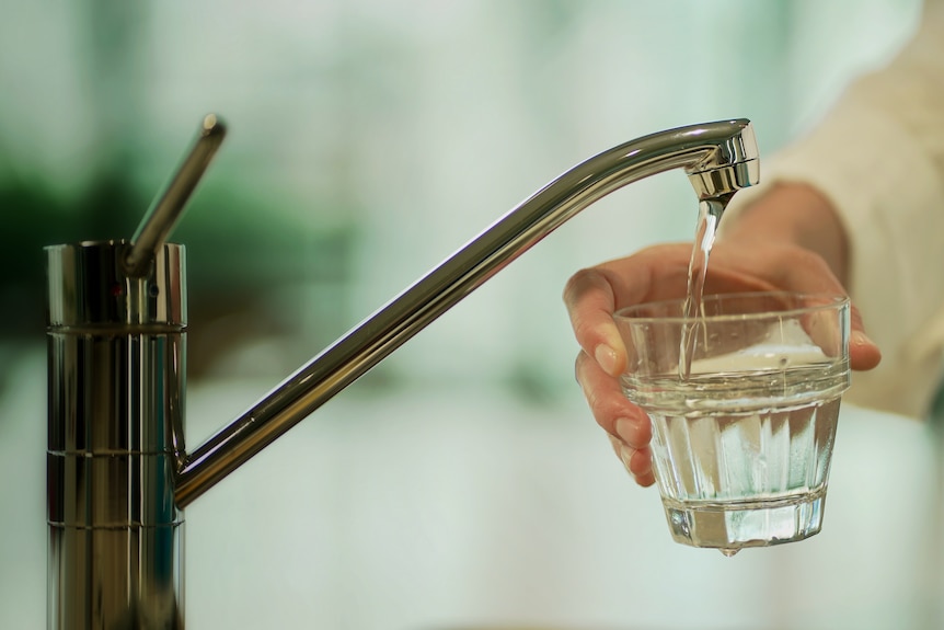 un primer plano de una persona sosteniendo un vaso bajo un grifo abierto, llenándolo con agua