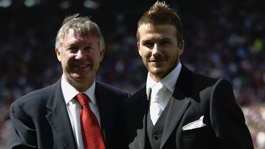 Alex Ferguson and David Beckham at Beckham's contract signing at Manchester United.